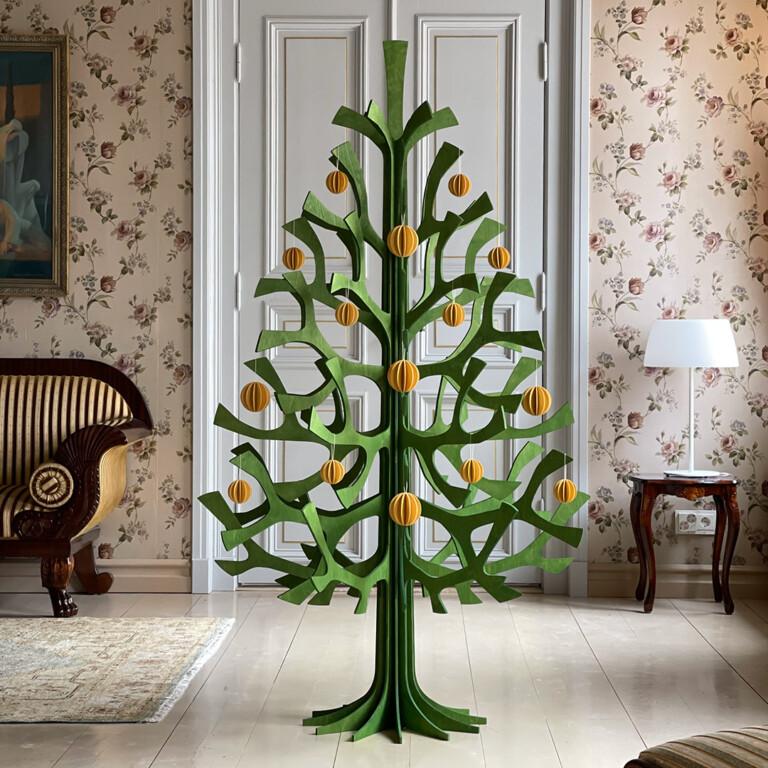 Lovi Spruce 180cm forest green with honey yellow Lovi Baubles. Wooden Christmas tree.