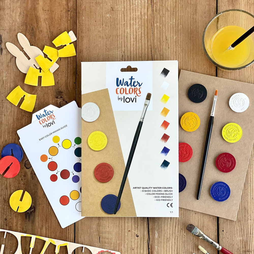 Lovi Watercolors, 8 color buttons, brush and color mixing guide, high quality, rich in pigment