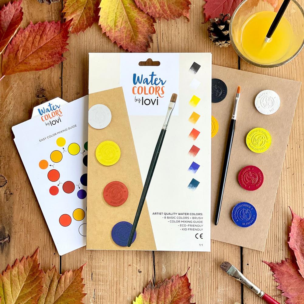Lovi Watercolors with easy-color-mixing-guide and autumn leaves