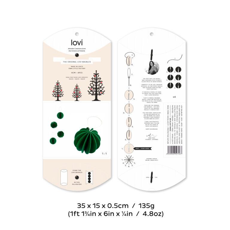 Alkuperäiset Lovi-pallot 6cm, tummanvihreä, koottavat puiset koristeet, pakkaus, mitat ja paino