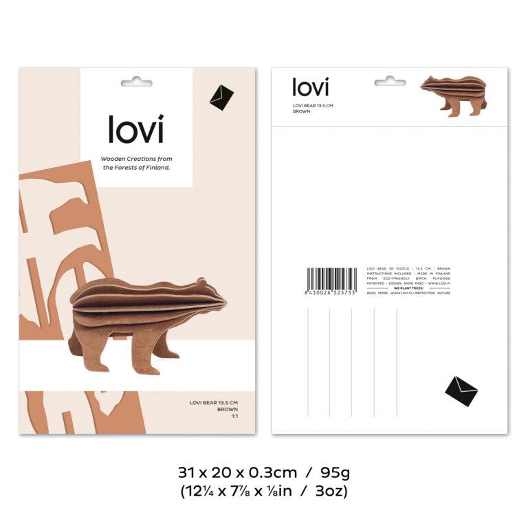 Lovi Bear, wooden 3D puzzle, package with measures