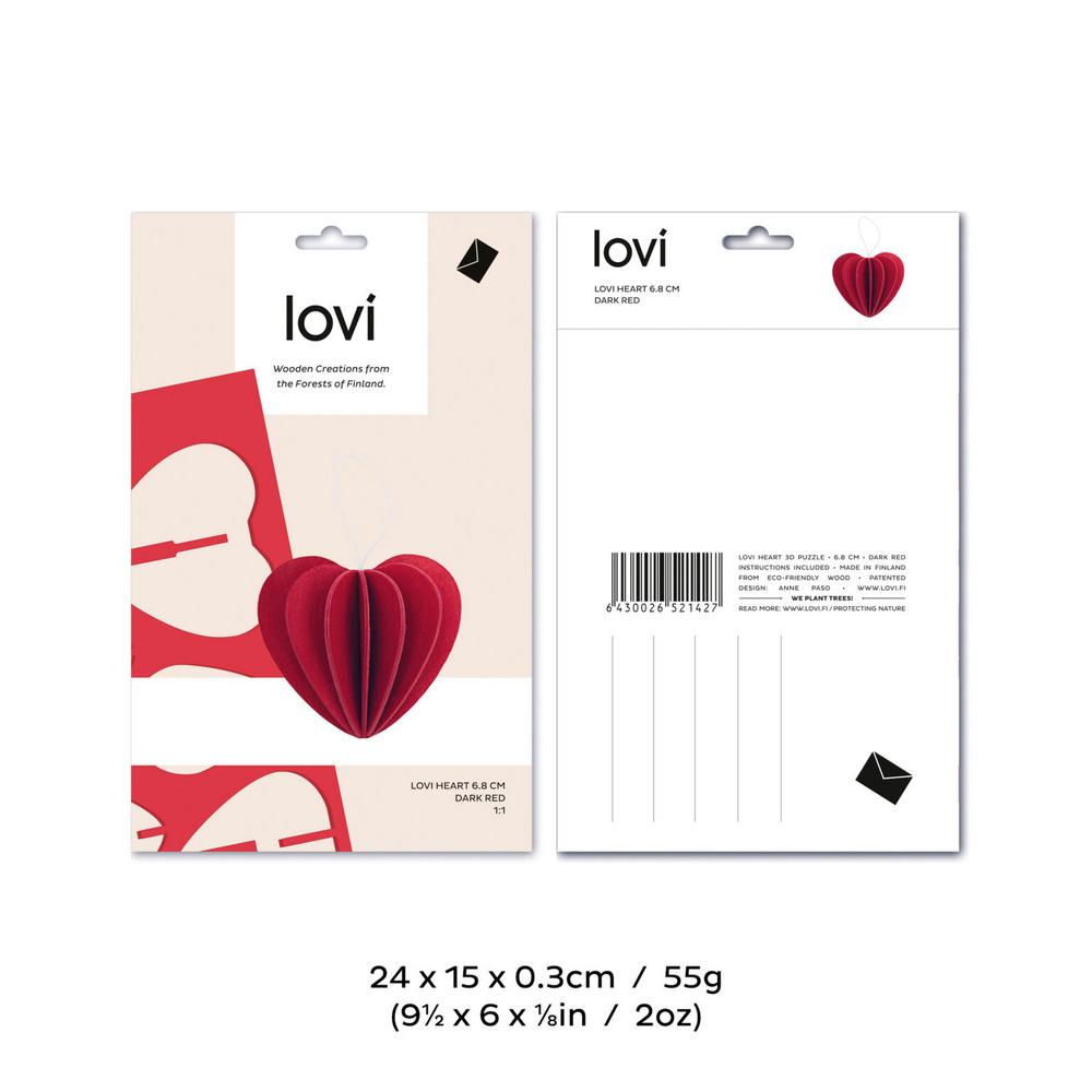 Lovi Heart 6,8cm, wooden 3D puzzle, package with measures