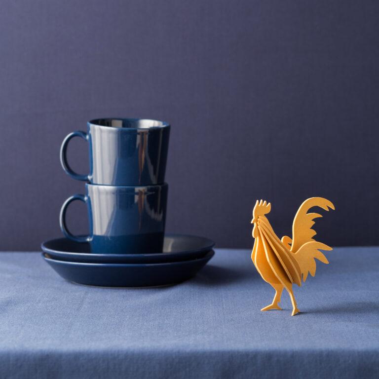 Lovi Rooster, warm yellow in blue interior, wooden 3D puzzle