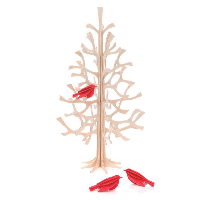 Lovi Spruce 25cm, natural wood with bright red minibirds, wooden 3D figure
