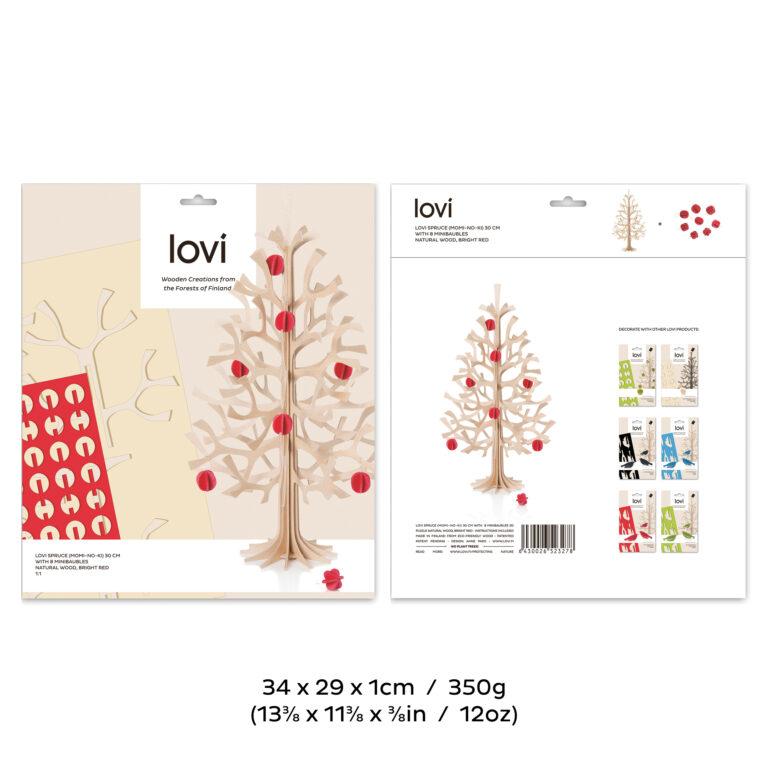 Lovi Spruce 30cm with bright red minibaubles, wooden 3D figure, package