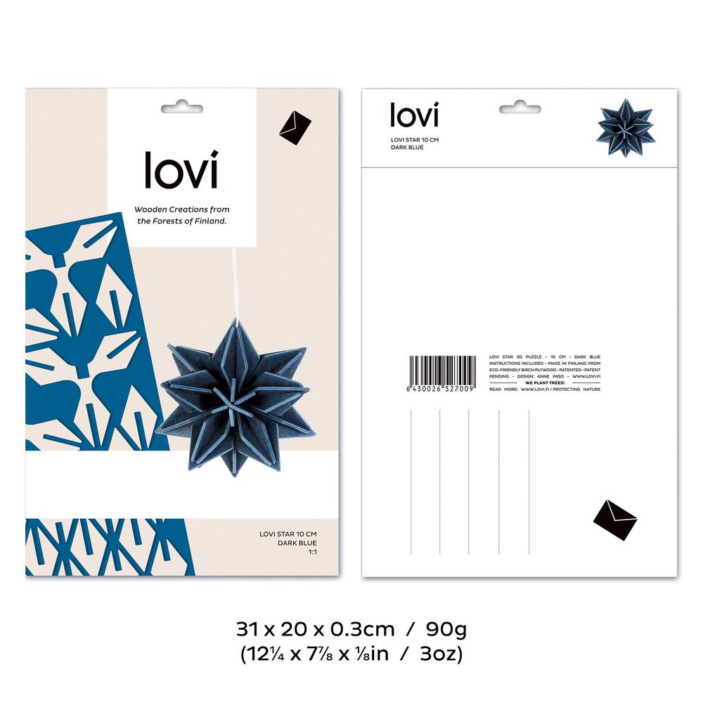Lovi Star 10cm, wooden 3D puzzle, package with measures