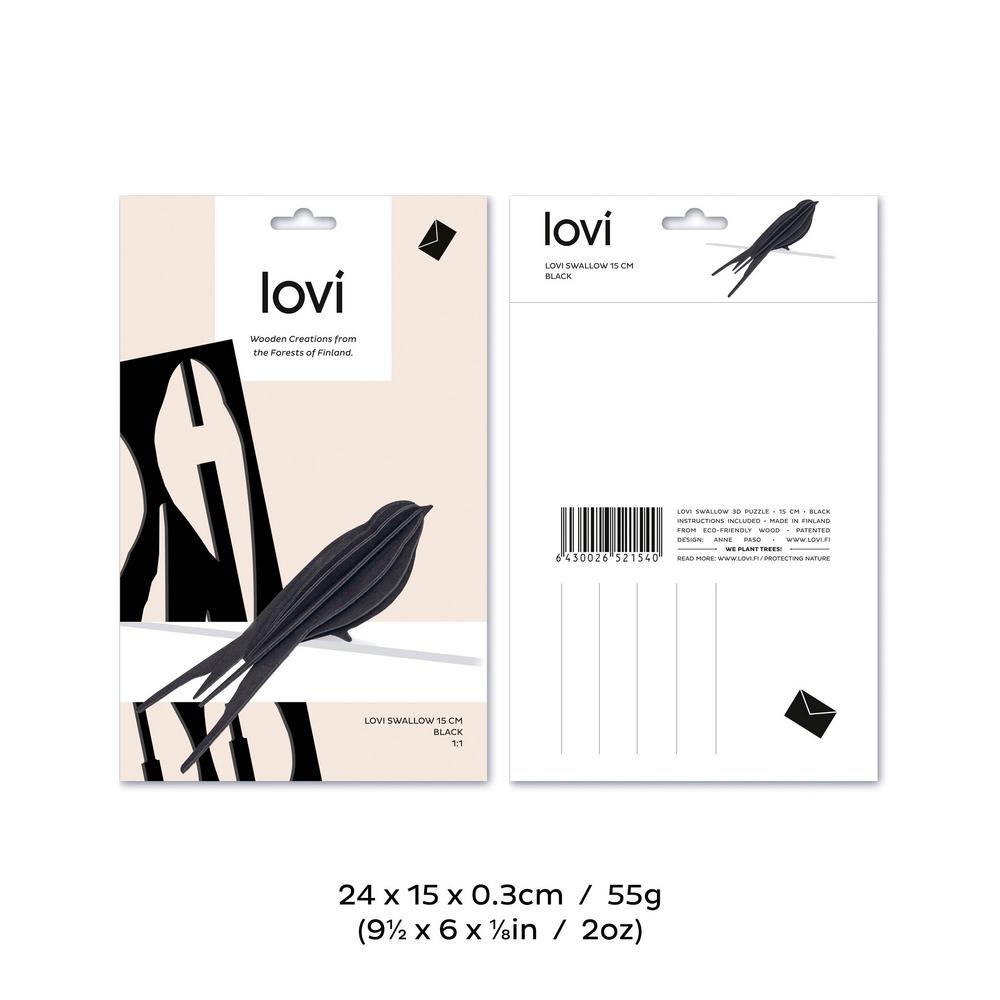 Lovi Swallow 15cm, wooden 3D puzzle, package with measures