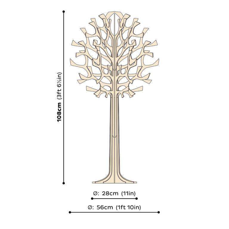 Lovi-puu 108cm, kotimaisesta koivuvanerista valmistettu, koottava puu, mittakuva