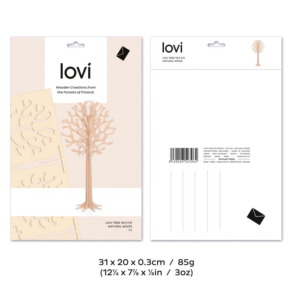 Lovi Tree 16,5cm, wooden 3D puzzle, package with measures