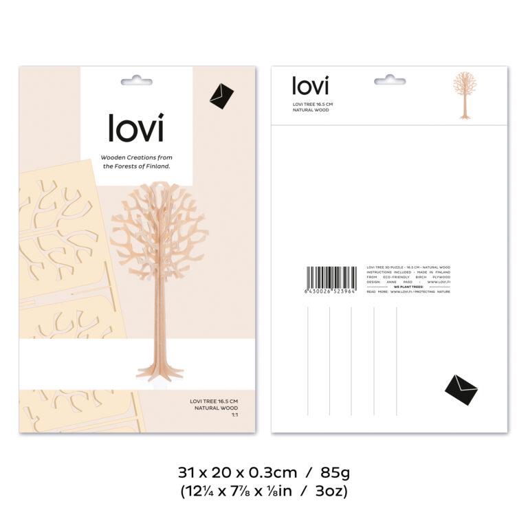 Lovi Tree 16,5cm, wooden 3D puzzle, package with measures