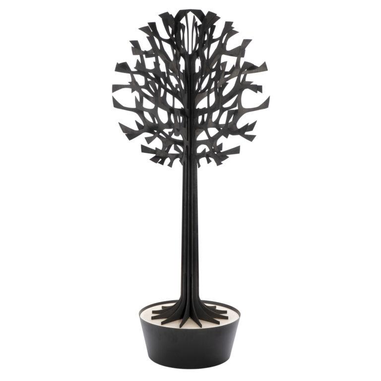 Lovi-puu 200cm, musta, koivuvanerista valmistettu, koottava puu mustassa ruukussa