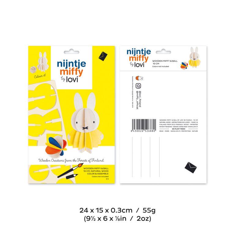 Miffy ja pallo, koottava puinen Lovi-hahmo, maalaa itse, pakkaus, mitat ja paino