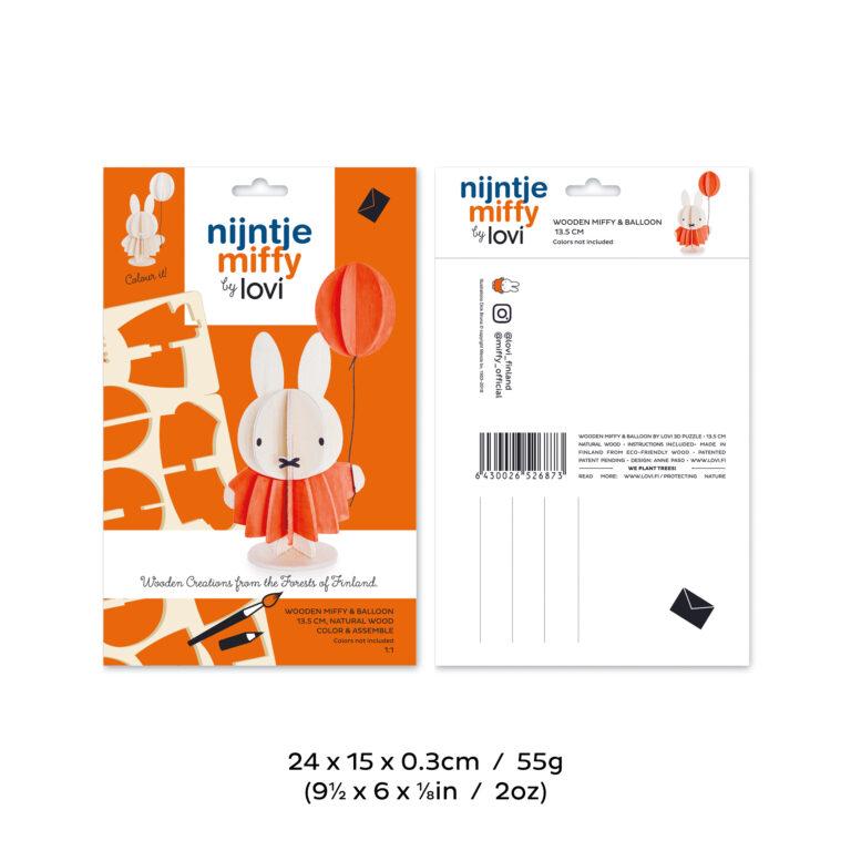 Miffy ja ilmapallo, maalattava ja koottava puinen Lovi-hahmo, pakkaus, mitat ja paino