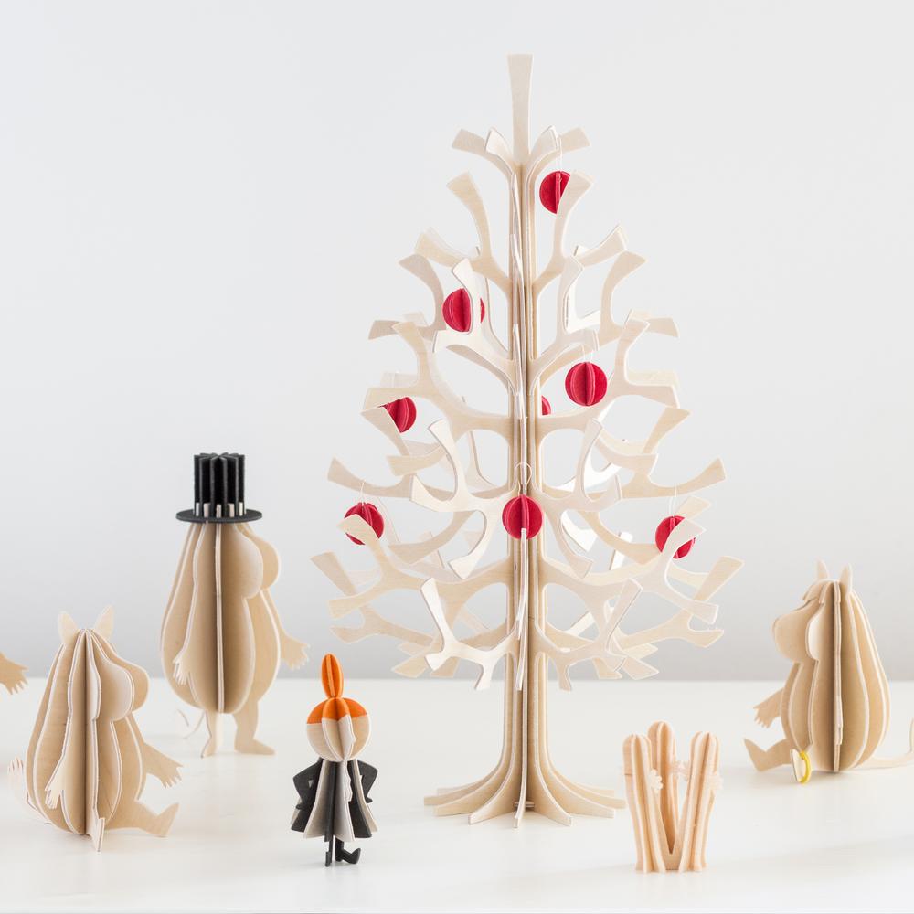 Lovi Spruce 30cm with bright red minibaubles and Moomin by Lovi, wooden 3D figures