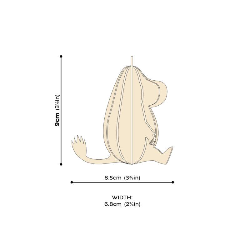 Muumipeikko, koottava puinen Lovi-hahmo, mittakuva
