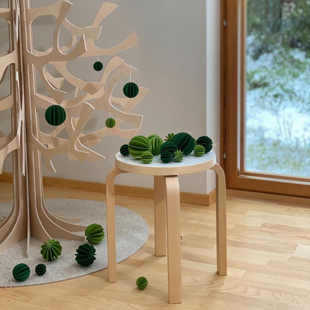 The Original Lovi Baubles on Lovi Spruce, light green and dark green, different sizes, wooden 3D puzzles