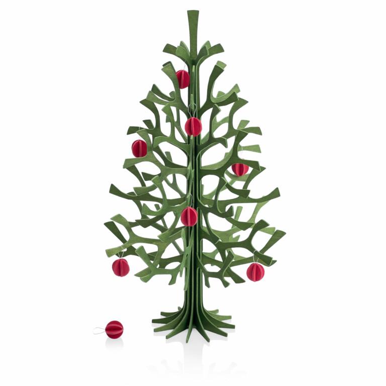 Lovi Spruce 30cm forest green with bright red Lovi Minibaubles. Wooden Christmas tree.