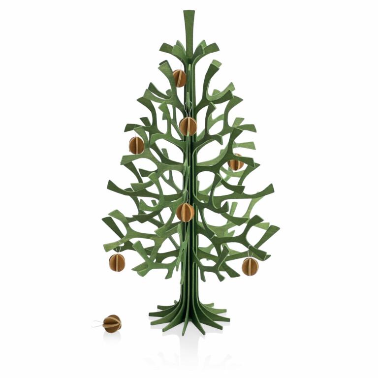 Lovi Spruce 30cm forest green with cinnamon brown Lovi Minibaubles. Wooden Christmas tree.