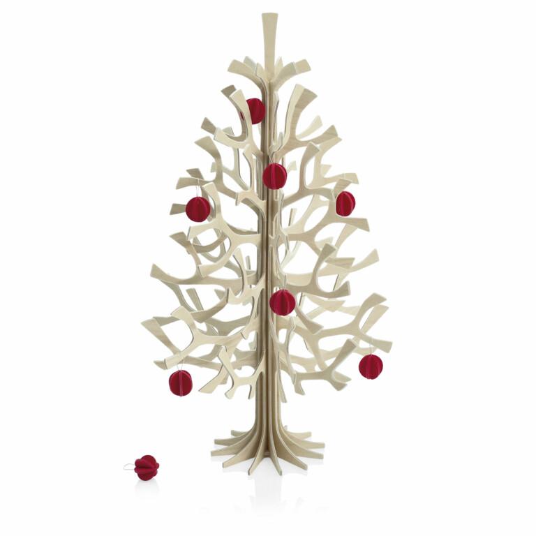 Lovi Spruce 30cm natural wood with bright red Lovi Minibaubles. Wooden Christmas tree.