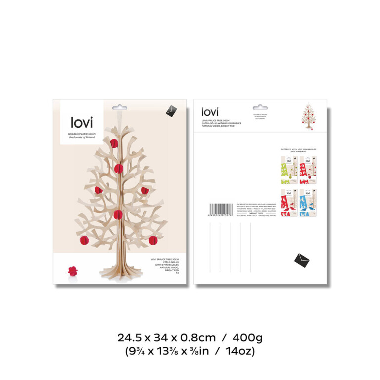 The package of Lovi Spruce 30cm with Minibaubles, the wooden Christmas tree