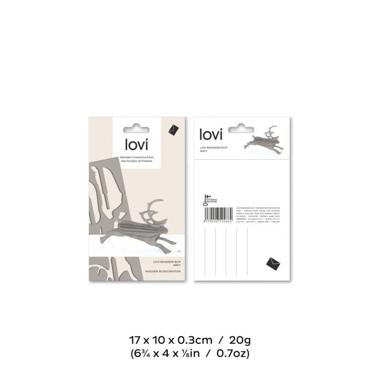 Lovi Reindeer, wooden reindeer figure, package image with measures