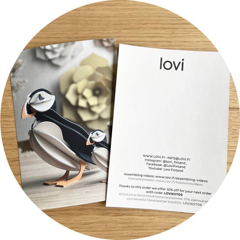 Lovi-pakettikortti. Pakettikortti lisättäväksi lahjatilaukseen Lovi-verkkokaupassa.