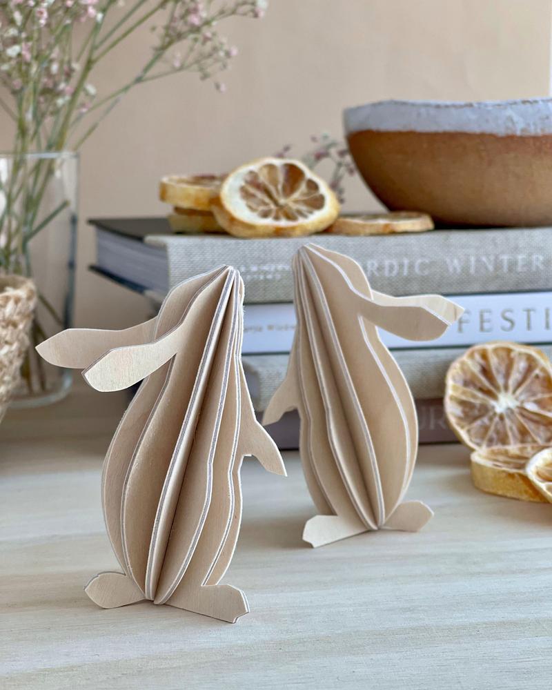 Natural Easter decoration finds its ispiration from nature. Natural wood Easter bunnies by Lovi.