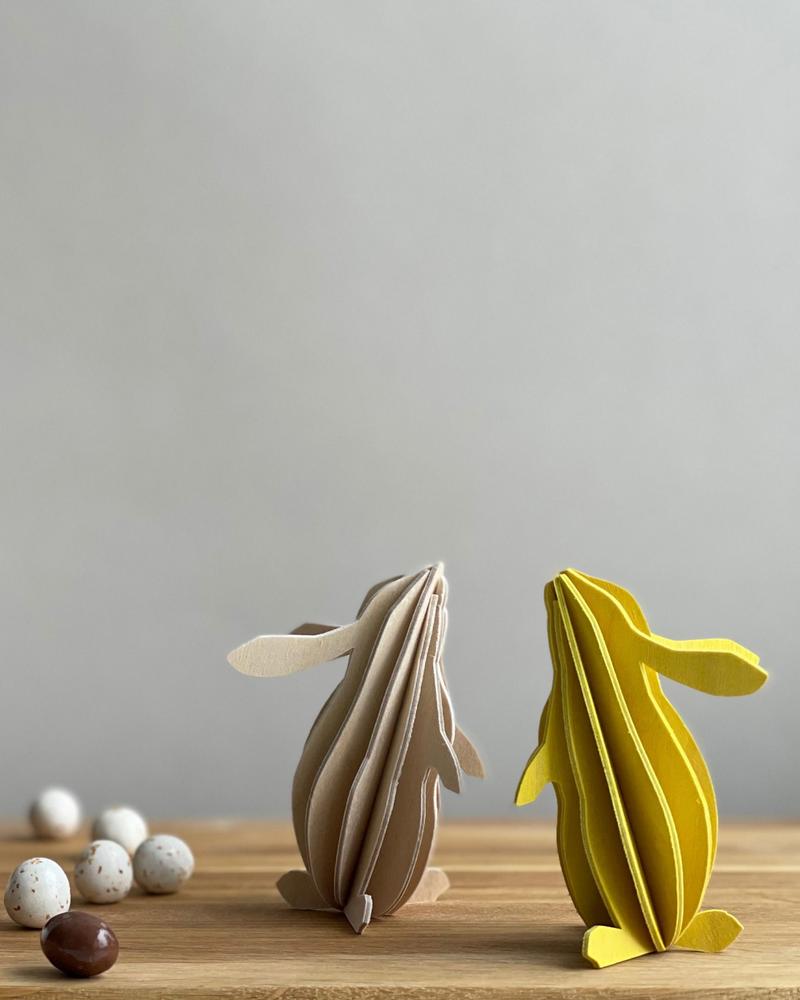 Wooden Easter bunnies by Lovi, natural wood and yellow.