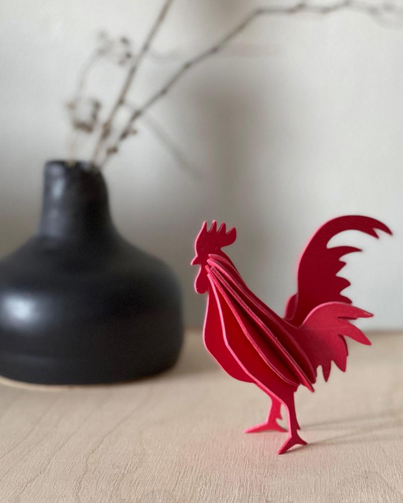 Easter Rooster by Lovi. Wooden rooster decoration, made from Finnish birch plywood. Color bright red.