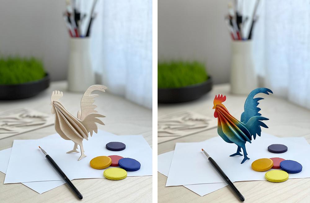 Natural wood and painted Lovi Rooster. 