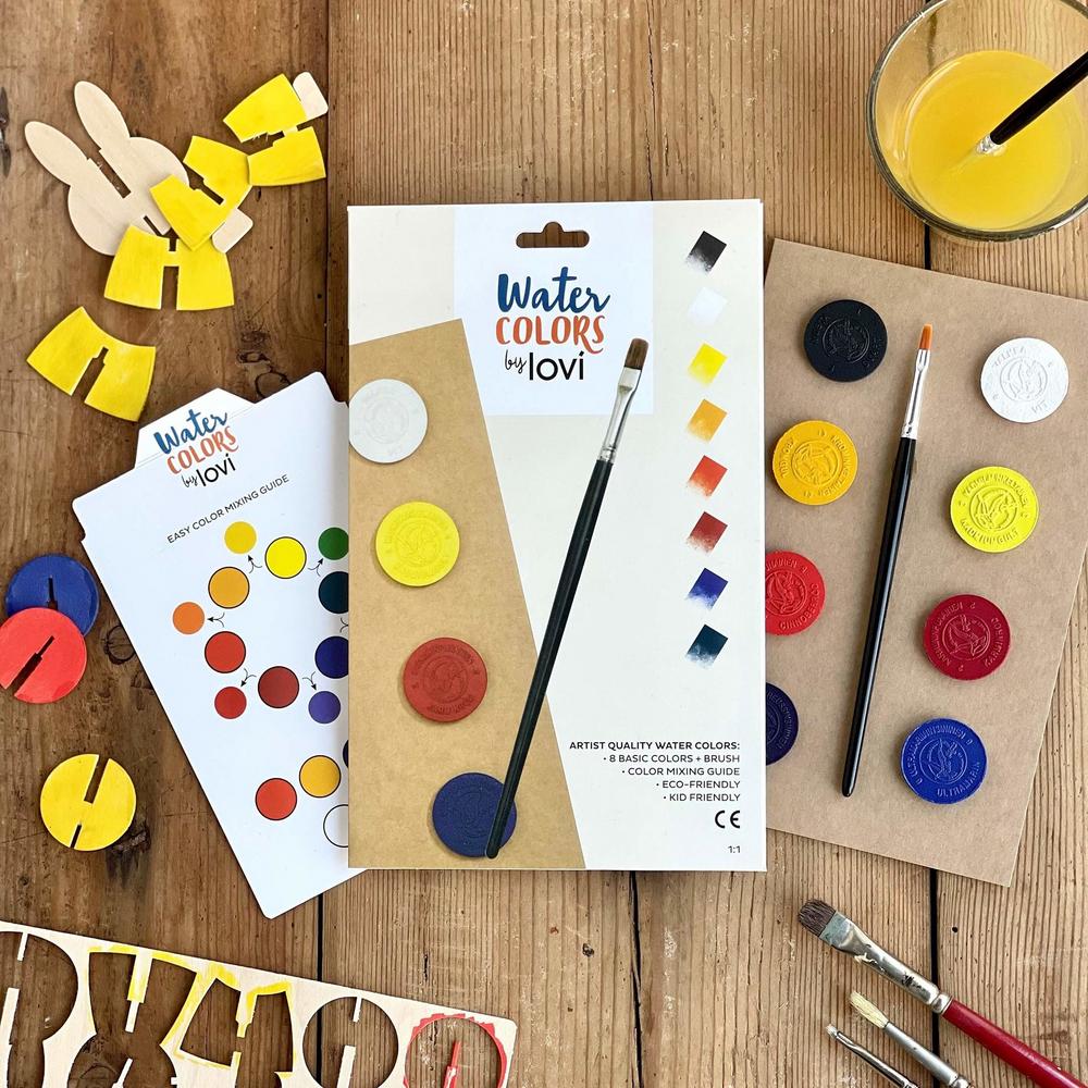 Lovi Watercolors are high quality, non-toxic watercolors made in Finland. Package also includes a brush and an easy color mixing guide.