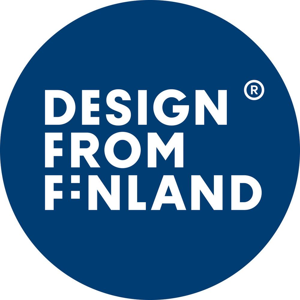 Design from Finland -logo on sininen tai musta ympyrä, valkoisella Design from Finland tekstillä.
