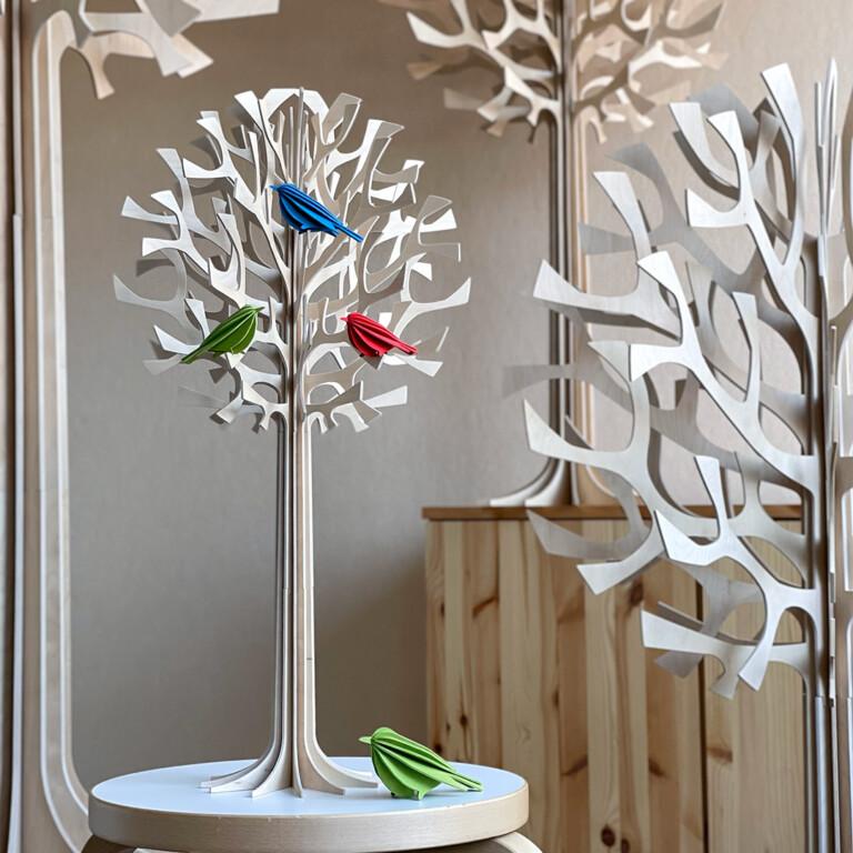 Lovi Tree 55cm, wooden home decoration, color natural wood with three little Lovi Birds, made in Finland