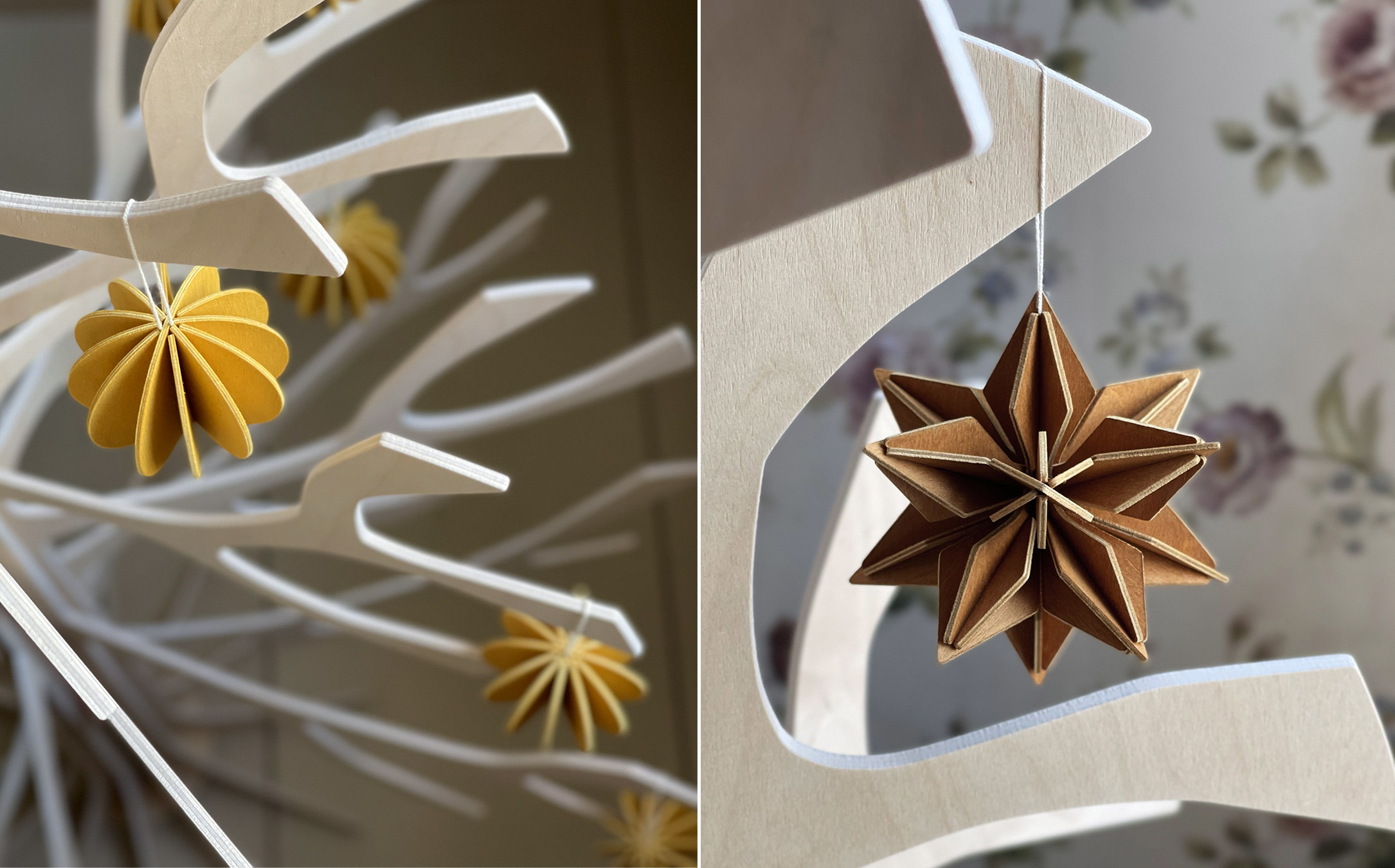 Lovi Baubles and Lovi Stars on the branches of Lovi Spruce, wooden Christmas ornaments.