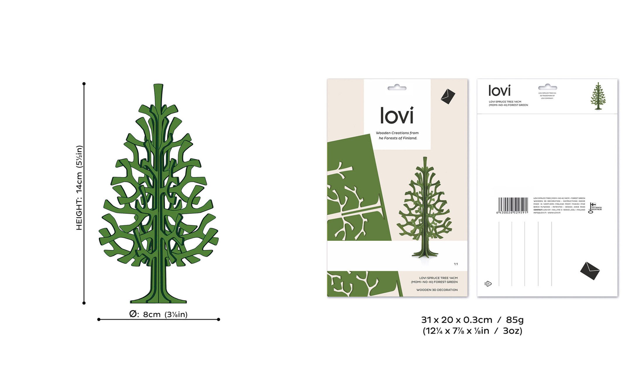 Lovi Spruce 14cm, little wooden Christmas tree, measures and package