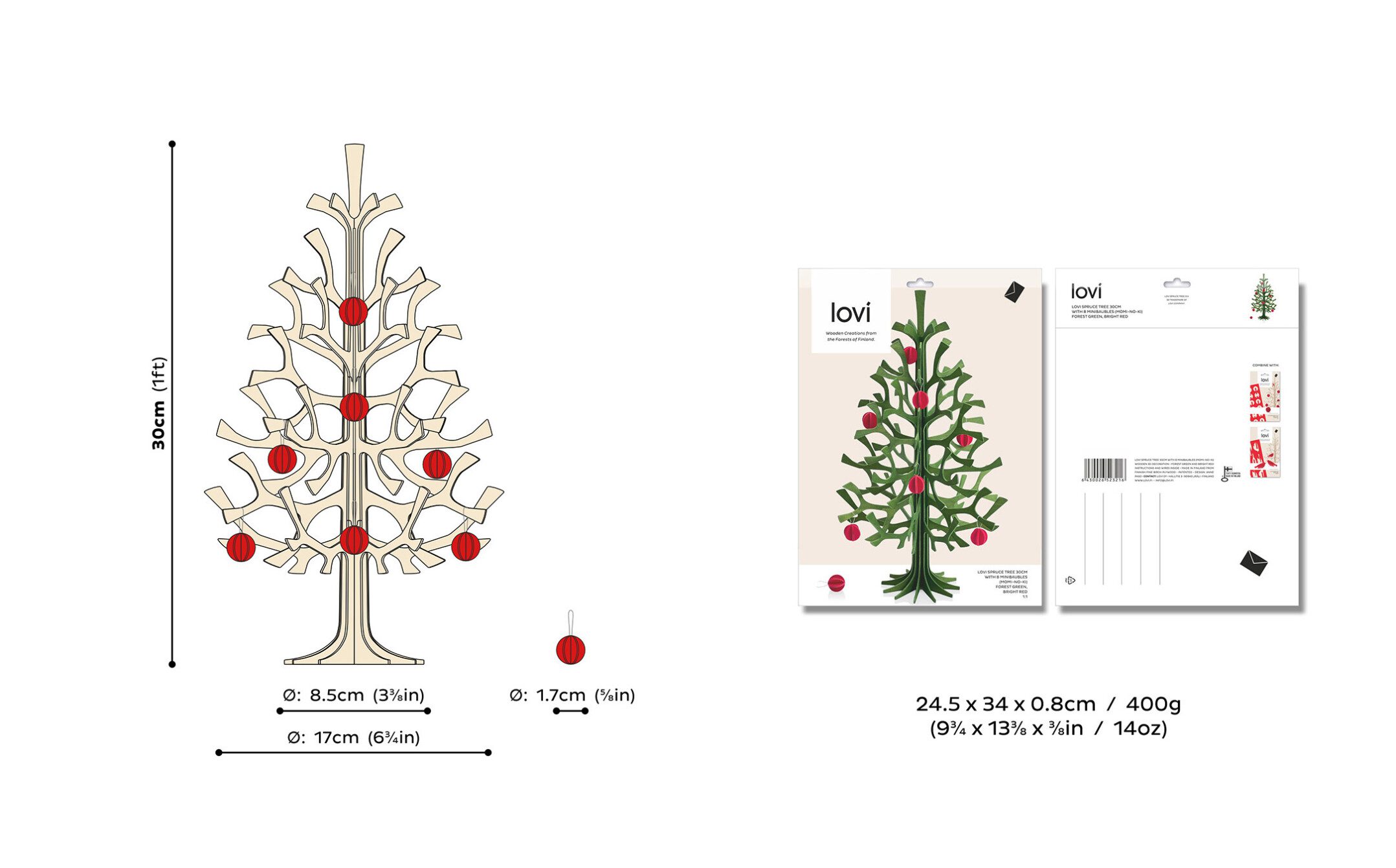 Lovi Spruce 30cm with minibaubles, wooden Christmas tree, measures and package