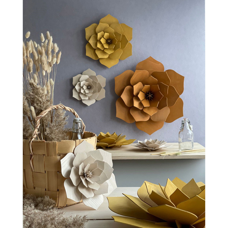 Wooden wall decorations, Lovi Decor Flowers, natural wood, honey yellow, cinnamon brown