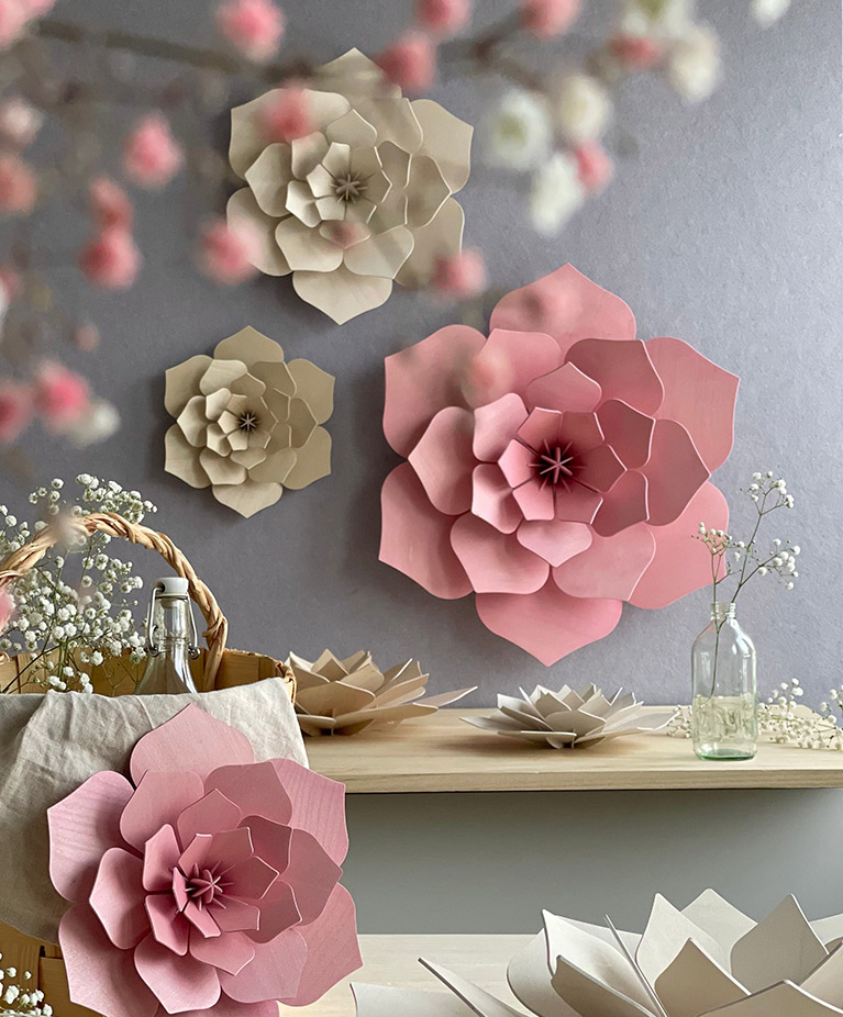 Wooden Decor Flowers by Lovi on the wall and on table, colors natural wood, white and light pink, multiple sizes.