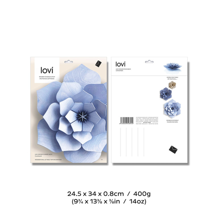 Lovi Decor Flower 34cm, wooden wall flower, package measures and weight