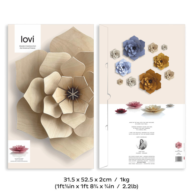 Lovi Decor Flower 48cm, wooden wall flower, package measures and weight