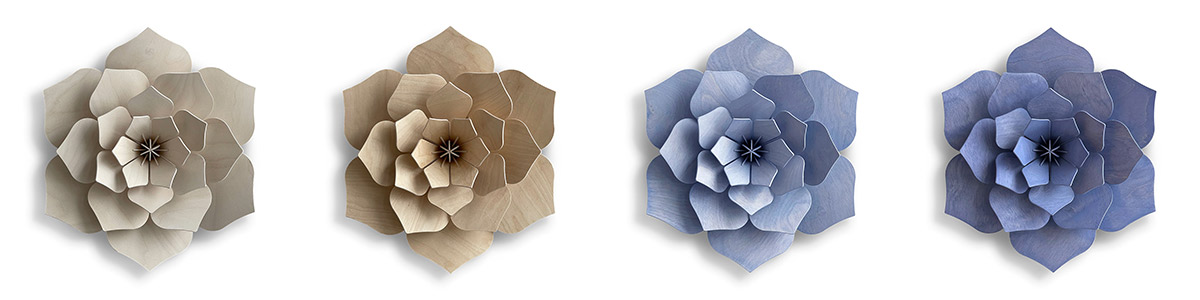 Colors of Lovi Decor Flowers: translucent white, natural wood, flax blue and lavender blue