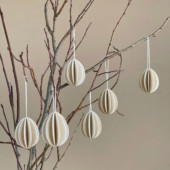 Wooden Easter Eggs by Lovi hanging on the branch, six Easter eggs in color natural wood