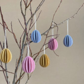 Wooden Easter Eggs by Lovi hanging on the branch, six Easter eggs in colors light pink, flax blue and honey yellow