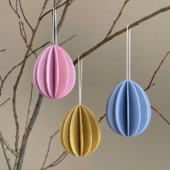 Three wooden Easter eggs by Lovi, size 7cm, colors light pink, honey yellow and flax blue