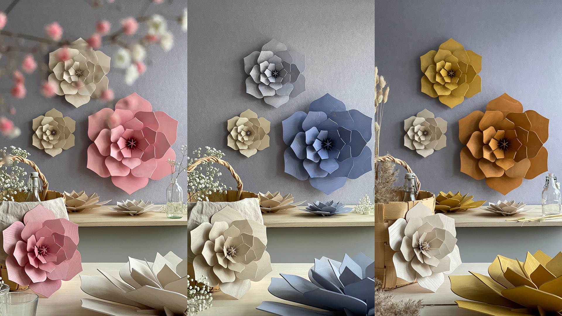 Wooden Decor Flowers by Lovi mounted on the wall and on table, different sizes and colors.