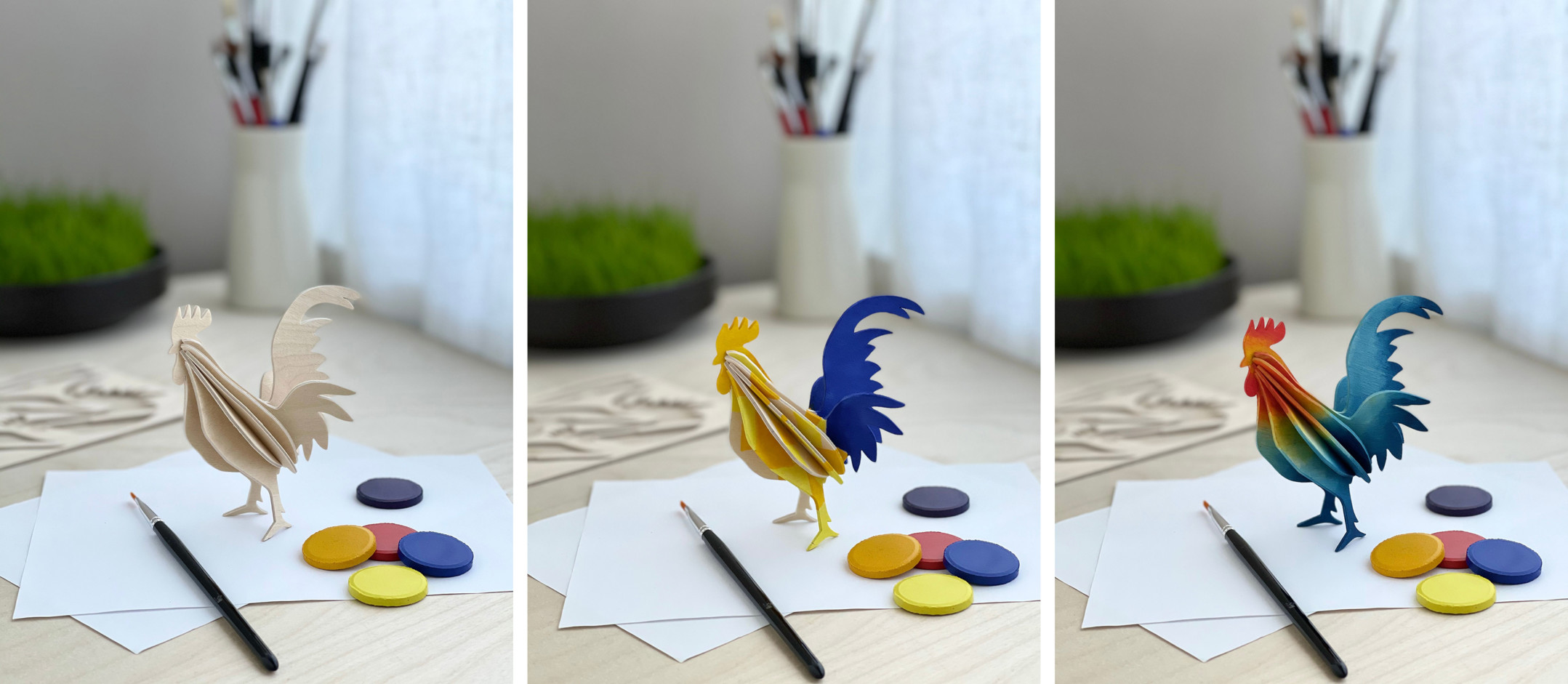 Natural wood and painted Lovi Roosters, paint your own Easter rooster