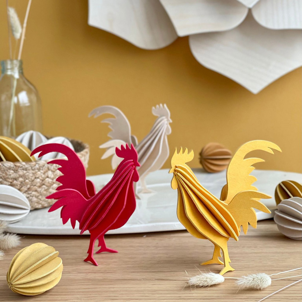 Wooden Lovi Roosters, Easter roosters in three colors: warm yellow, bright red and natural wood
