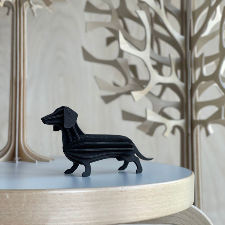 Lovi Dachshund, wooden dachshund figure, black, on white stool