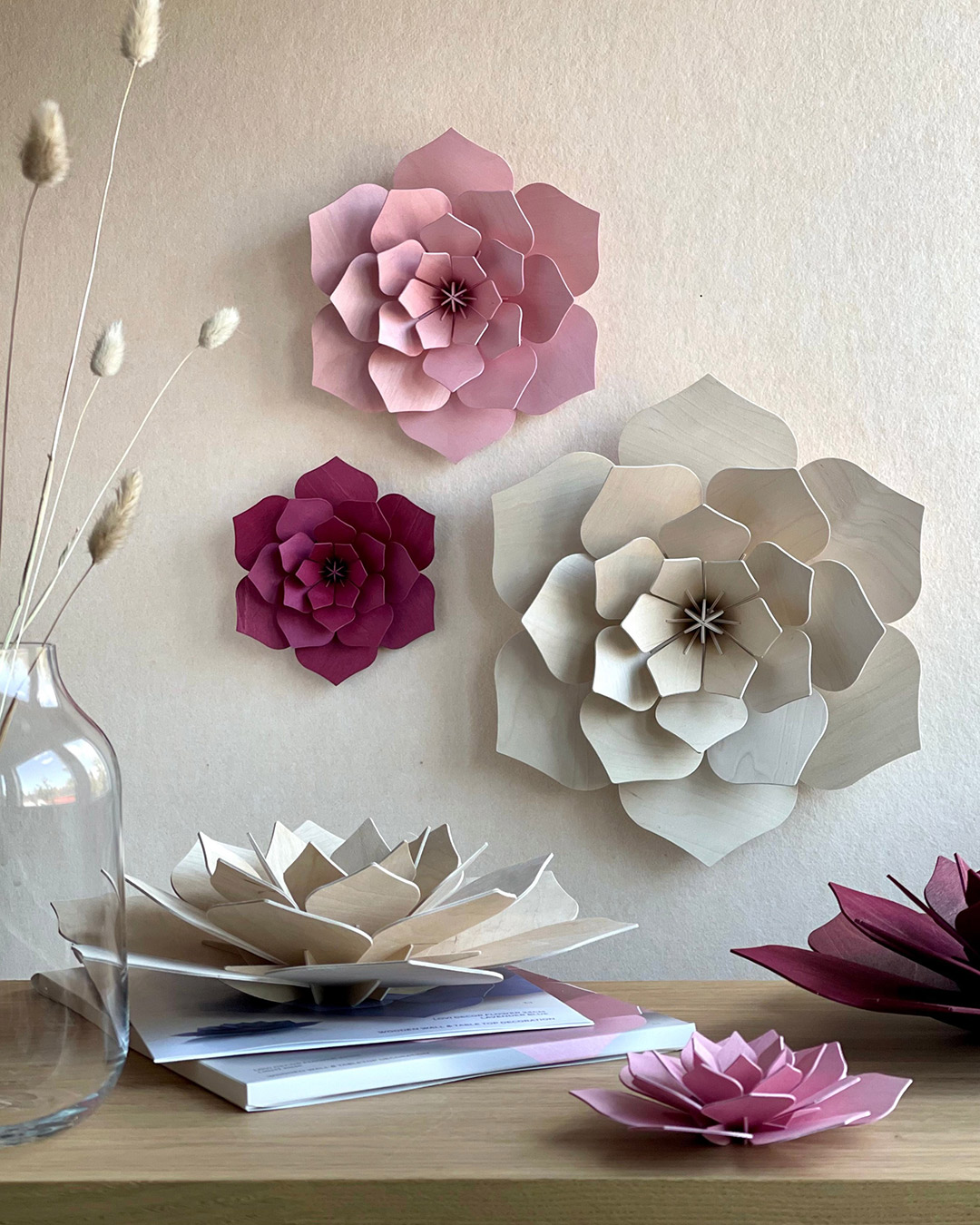 Wooden Lovi Decor Flowers mounted on the wall and placed on the side table