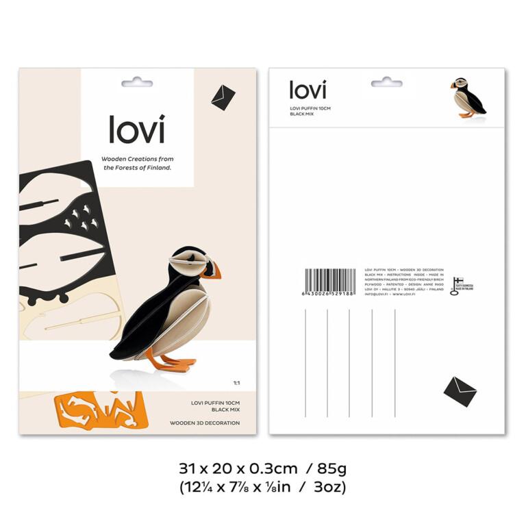 Wooden Lovi Puffin 10cm, package image with measures